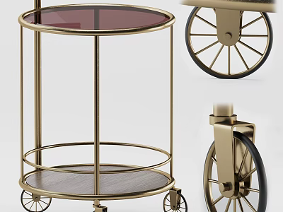 Elegant Serving Cart With Gold Frame Round Glass Top Wooden Shelf And Wheels 3d model