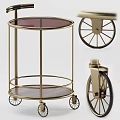 Elegant Serving Cart With Gold Frame Round Glass Top Wooden Shelf And Wheels