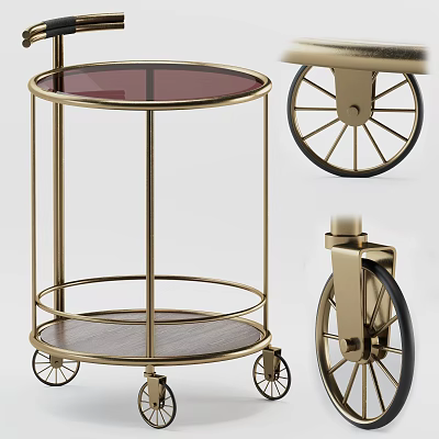 Elegant Serving Cart With Gold Frame Round Glass Top Wooden Shelf And Wheels 3d model