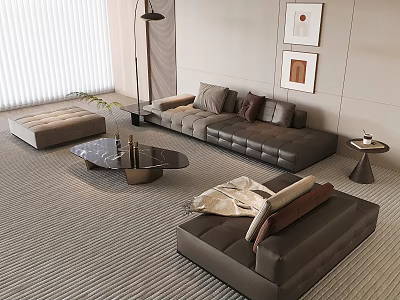 Modern Leather Sofa And Coffee Table Set With Marble Top Pillows Rug And Wall Art 3d model