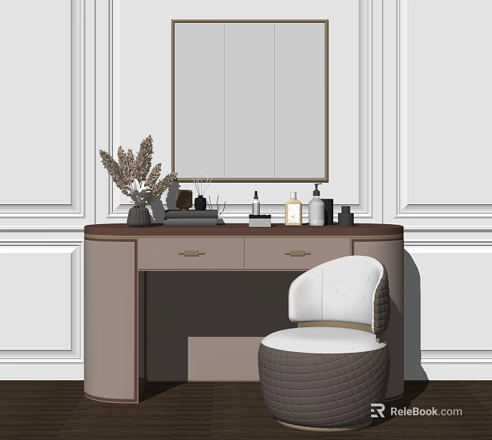 Elegant Modern Dressing Table With Mirror Chair And Decorative Items On Paneled Wall 3d model