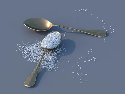 Golden Tableware Set With Spoons Holding White Granules And Scattered On Grey Background 3d model