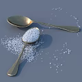 Golden Tableware Set With Spoons Holding White Granules And Scattered On Grey Background