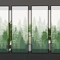 Transparent Glass Partition Design With Pine Tree Pattern And Green Plants In Interior 3d model