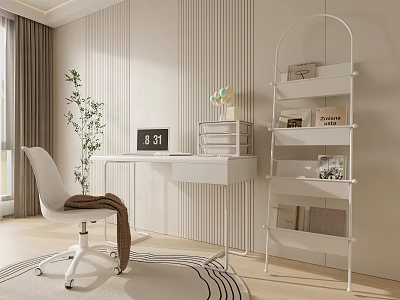 Modern Study Room Interior With White Desk Chair Brown Blanket Bookshelf And Light Striped Wall 3d model