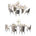Modern Marble Top Dining Table Set With Gray Upholstered Chairs And Table Vase Flowers Tableware 3d model