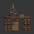 Exquisite Carved Balance Scale Sculpture with Wooden Blocks on Ornate Round Table