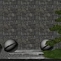 Tranquil Garden Courtyard With Stone Wall Spherical Lanterns Stone Steps Pine Tree And Grass 3d model
