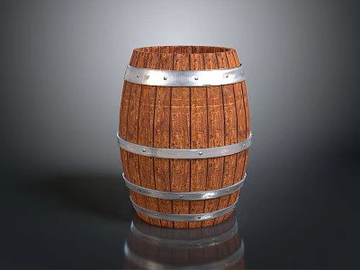 Wooden Barrel With Natural Wooden Texture And Silver Metal Hoops For Home Storage And Decor 3d model
