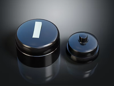 Black Round Glossy Equipment Knobs With White Rectangle Label And Small Raised Top Design 3d model