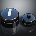 Black Round Glossy Equipment Knobs With White Rectangle Label And Small Raised Top Design 3d model