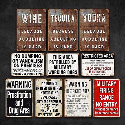 Vintage Metal Signs Featuring Alcohol Warning Military Restricted Area And No Dumping Messages 3d model