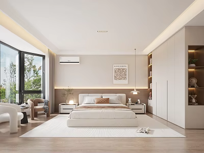 Modern Minimalist Bedroom Interior with Large Windows Greenery Wooden Flooring White Bed and Nightstands 3d model