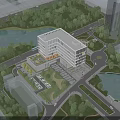 Modern Office Building With Glass Facade Lake Greenery And Urban Roads
