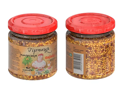 Whole Grain Mustard Jars With Red Lids And Seed Filling In Glass Containers 3d model