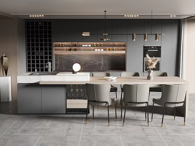 Modern Restaurant Interior Design With Marble Dining Table Comfortable Chairs And Pendant Lights 3d model