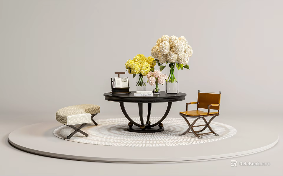 Elegant Console Table With White Yellow Flowers Vases And Wooden Chairs On Woven Rug 3d model 