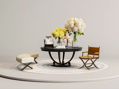 Elegant Console Table With White Yellow Flowers Vases And Wooden Chairs On Woven Rug 3d model