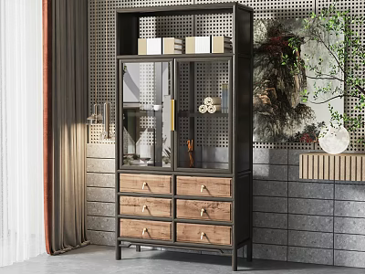 Modern Bookcase Design With Glass Doors Metal Frame Wooden Drawers And Decorative Books 3d model