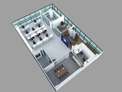 Modern Office Interior With Open Floor Plan Glass Partitions Multiple Workstations And Meeting Table 3d model