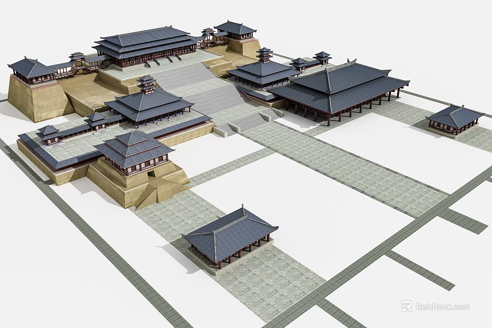 Ancient Chinese Architectural Complex Featuring Traditional Roofs Symmetrical Courtyard Layout And Tile Structures 3d model