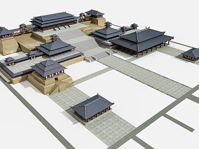 Ancient Chinese Architectural Complex Featuring Traditional Roofs Symmetrical Courtyard Layout And Tile Structures 3d model