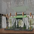 Traditional Chinese Interior With Hanging Lanterns Round Arch Pavilion Green Plants And Wooden Floor