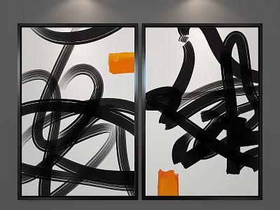 Framed Abstract Painting With Black Curved Lines And Orange Accent Shapes On White Background 3d model