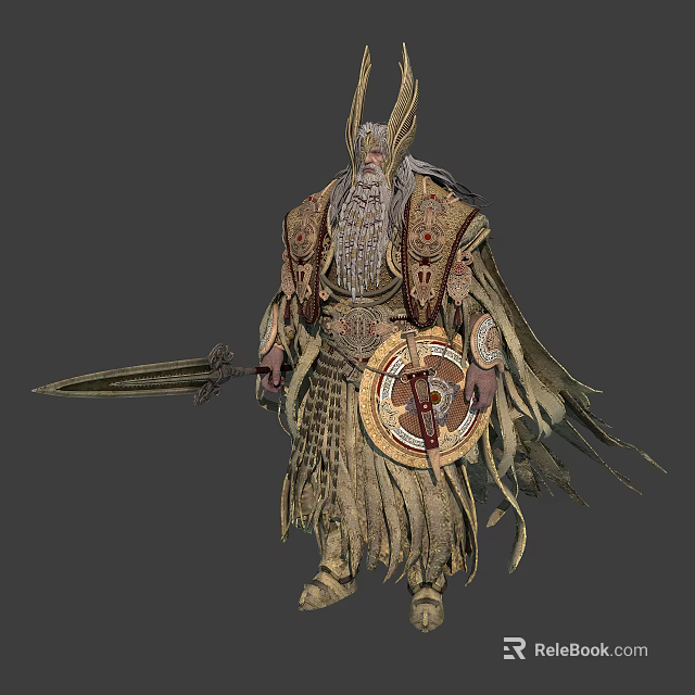Legendary Warrior Figure in Elaborate Armor with Sword Shield and Intricate Feather Details 3d model 