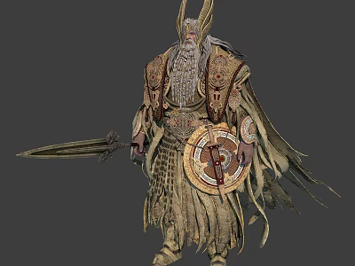 Legendary Warrior Figure in Elaborate Armor with Sword Shield and Intricate Feather Details 3d model