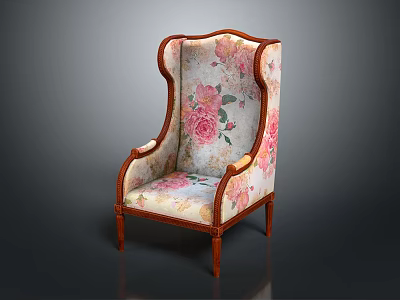 Elegant Wingback Armchair with Floral Pattern Upholstery and Brown Wooden Frame Design 3d model