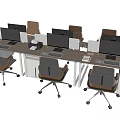 Modern Office Desks Setup With Computer Monitors Keyboards And White Brown Chairs 3d model