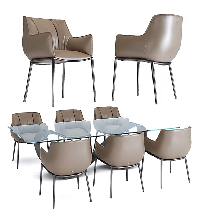 Modern Dining Table Set With Glass Top Beige Leather Chairs And Sturdy Metal Legs 3d model