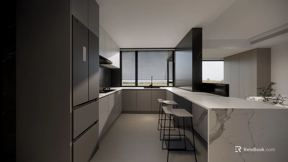 Modern Kitchen Interior Design With Marble Island Black Gray Cabinets And Appliances 3d model 