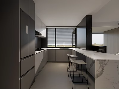 Modern Kitchen Interior Design With Marble Island Black Gray Cabinets And Appliances 3d model