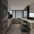 Modern Kitchen Interior Design With Marble Island Black Gray Cabinets And Appliances