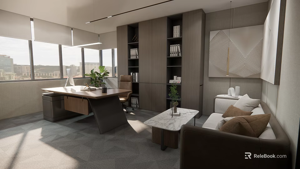 Modern Office Interior Design With Desk Bookshelves Sofa Coffee Table And Potted Plant 3d model 