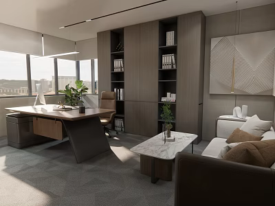 Modern Office Interior Design With Desk Bookshelves Sofa Coffee Table And Potted Plant 3d model