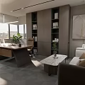Modern Office Interior Design With Desk Bookshelves Sofa Coffee Table And Potted Plant