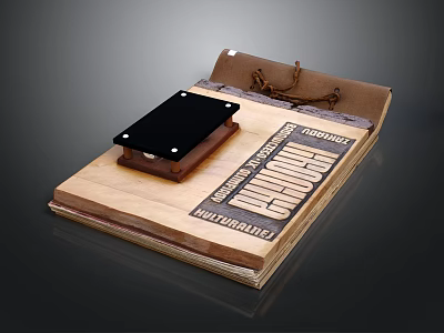 Traditional Wooden Sealing Device With Black Plate Engraved Inscriptions And Leather Straps 3d model