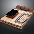 Traditional Wooden Sealing Device With Black Plate Engraved Inscriptions And Leather Straps