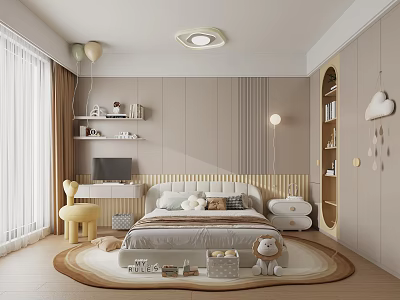 Cozy Kids Bedroom Interior With Plush Toys And Round Rug 3d model