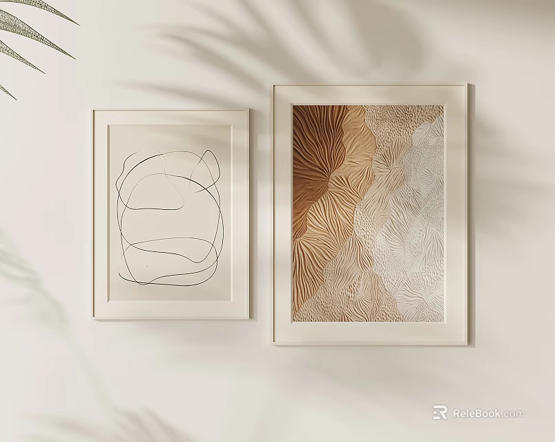 Two Abstract White Framed Wall Art With Textured Designs On Light Wall And Plant Shadows 3d model 