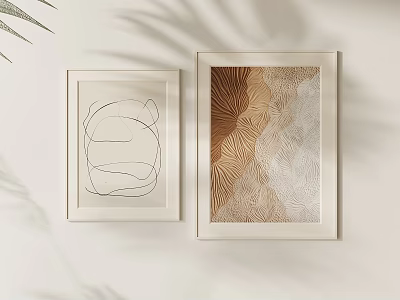Two Abstract White Framed Wall Art With Textured Designs On Light Wall And Plant Shadows 3d model