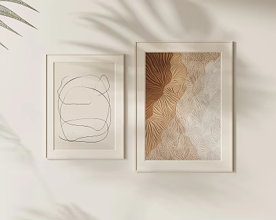Two Abstract White Framed Wall Art With Textured Designs On Light Wall And Plant Shadows 3d model