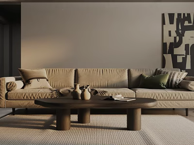 Neutral Toned Three Seater Sofa In Living Room With Wooden Coffee Table And Decorative Pillows 3d model