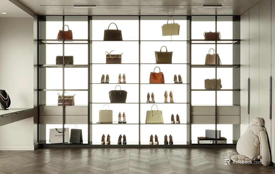 Elegant Walk-in Closet Interior Design With Glass Shelves And Organized Bags Shoes Storage 3d model 