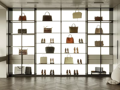 Elegant Walk-in Closet Interior Design With Glass Shelves And Organized Bags Shoes Storage 3d model