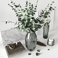 Stylish Decorative Ornament Combination With Glass Vase Green Plants Framed Art And Marble Surface