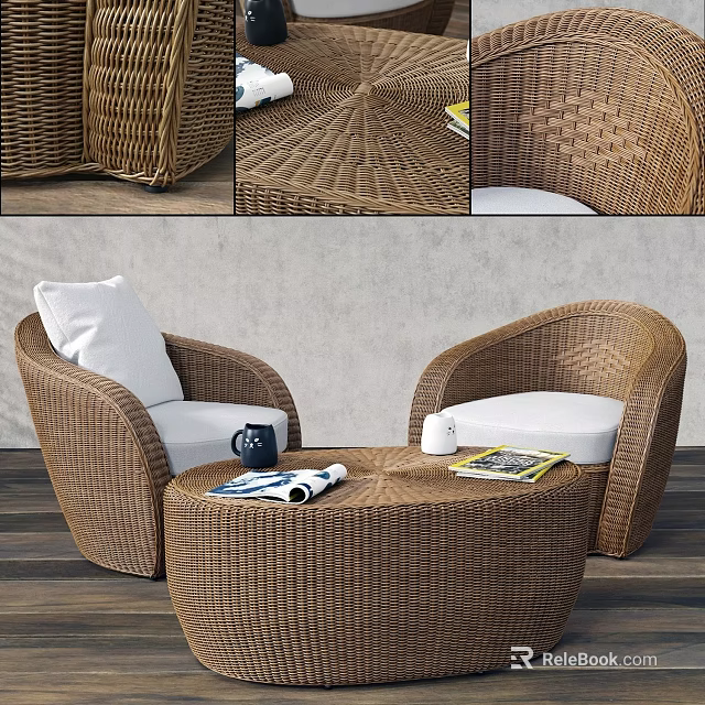 Rattan Outdoor Sofa with White Cushions and Round Coffee Table in Cozy Setting 3d model 